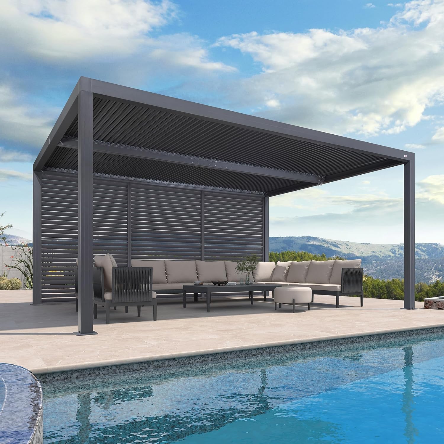 karaca-alisveris - Pergola bioclimatique série aluminium - 4,8x3,68m - lames orientables, persiennes fixes, gris