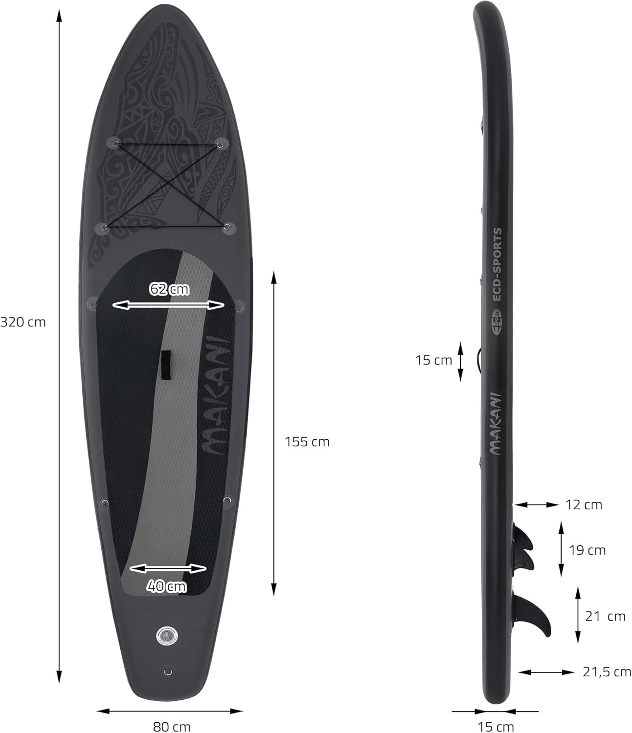 karaca-alisveris - Stand Up Paddle Gonflable - 305/308/320/380 cm - PVC, 120/150 kg, épaisseur 10/15 cm