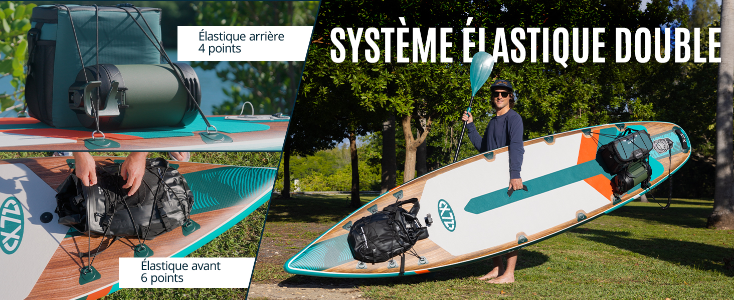 Le texte indique « SYSTÈME ÉLASTIQUE DOUBLE ». Plusieurs images montrant un équipement d'exercice élastique utilisé à l'extérieur sur de l'herbe, illustrant différentes positions d'entraînement.