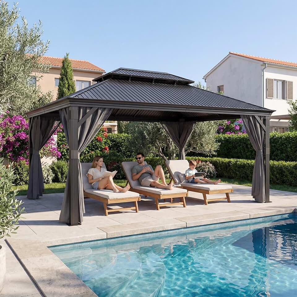 karaca-alisveris - Hardtop Pavillon - 3,65x4,85m - Étanche, double toit, stores, moustiquaires
