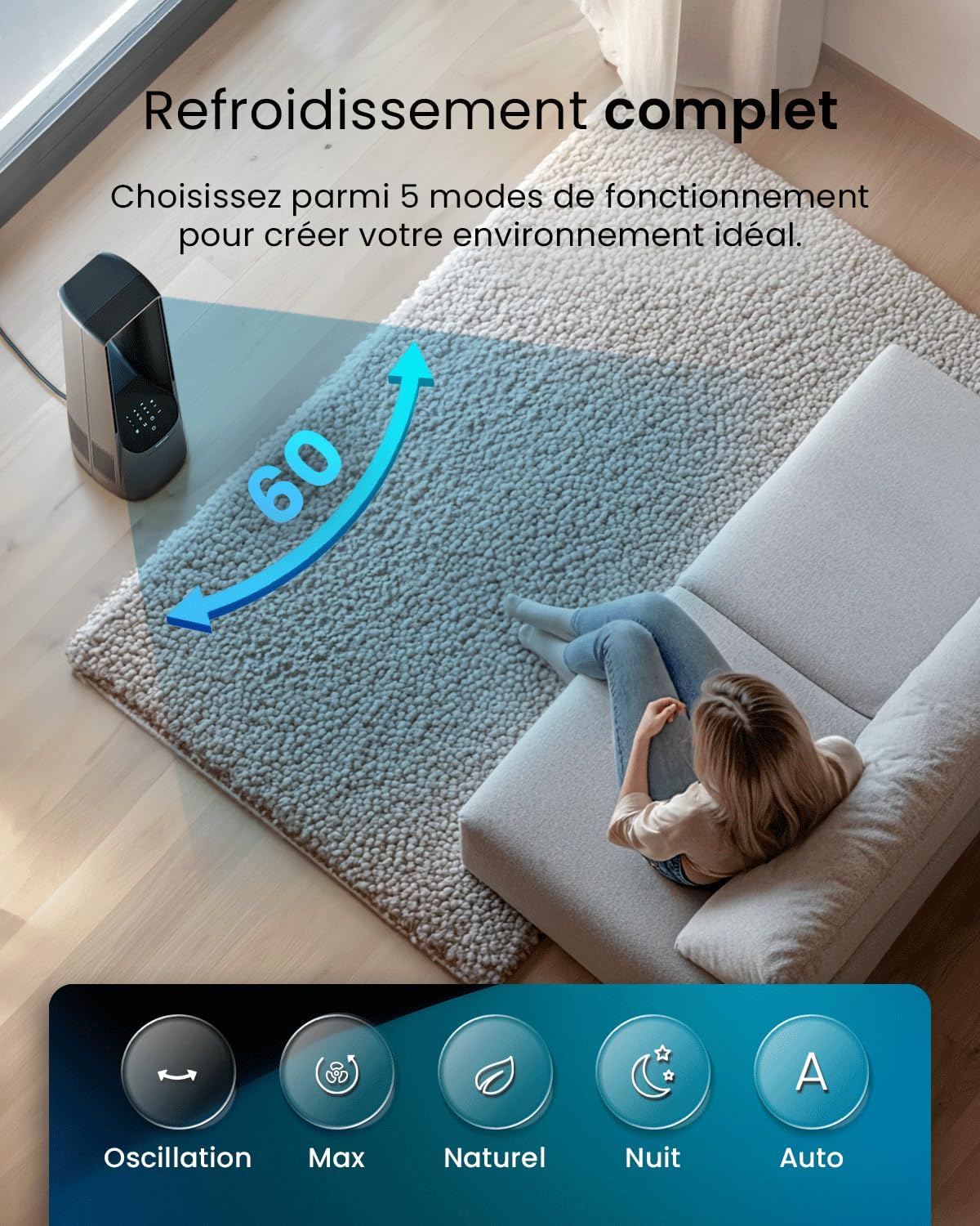 karaca-alisveris - Ventilateur colonne sans pales - 101 cm - WiFi, ultra silencieux, LED, télécommande, 6 vitesses, 5 modes, o