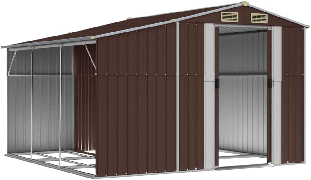Abri de jardin en acier galvanisé, 277 x 279 x 179 cm, marron, avec espace de rangement généreux et support pour bois de chauffage, métal robuste pour outils de jardin et meubles, poignées de porte