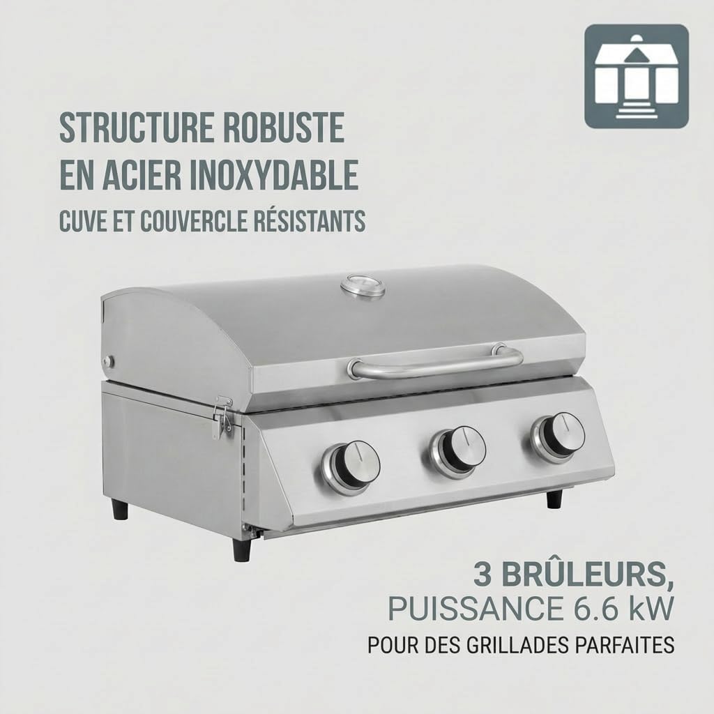 karaca-alisveris - Barbecue à gaz portable - inox - 3 brûleurs, thermomètre, allumage piézo - CATHAN