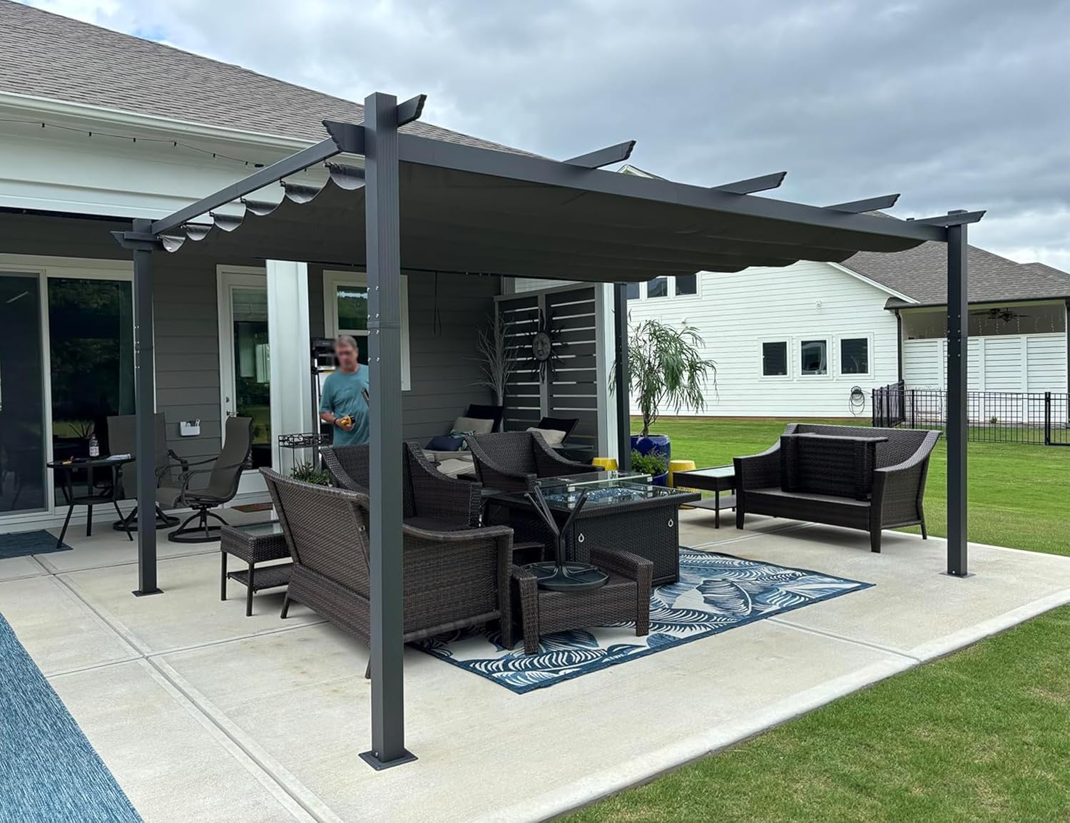 karaca-alisveris - Pergola aluminium - 4,8x3,5m - toit coulissant, tissu teint en fil, gris
