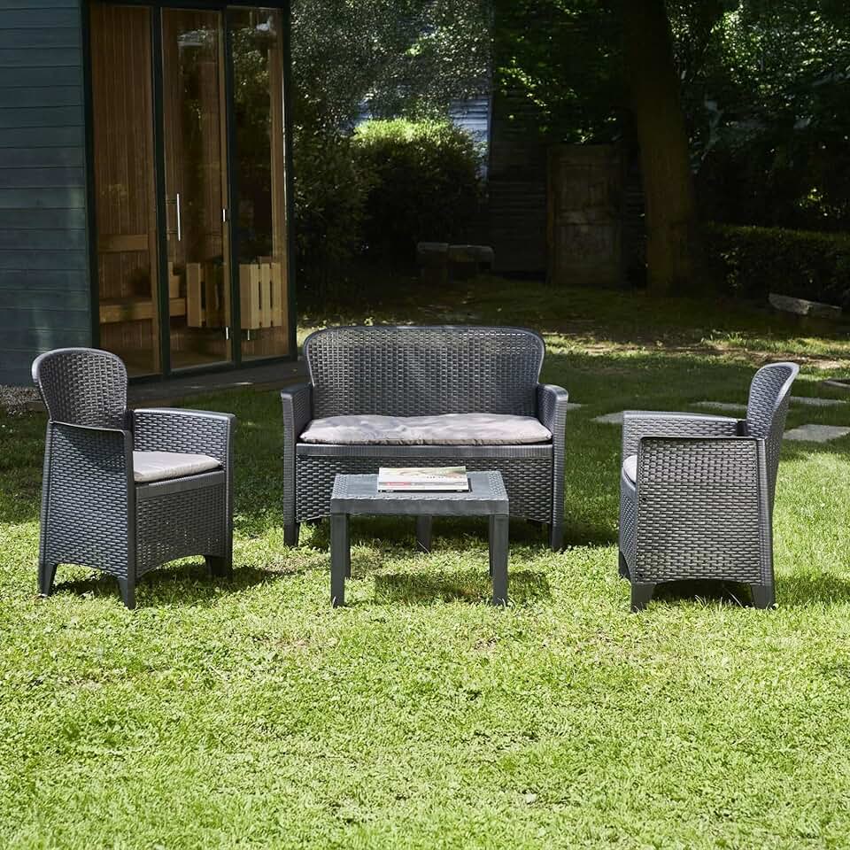 karaca-alisveris - Ostuni salon de jardin - 2 fauteuils, canapé, table basse, coussins, effet rotin, anthracite