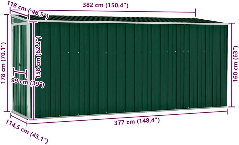 karaca-alisveris Abri de Jardin Mural Vert 118x382x178 cm Acier galvanisé,Structures extérieures, Cabanes & abris de Jardin,316229