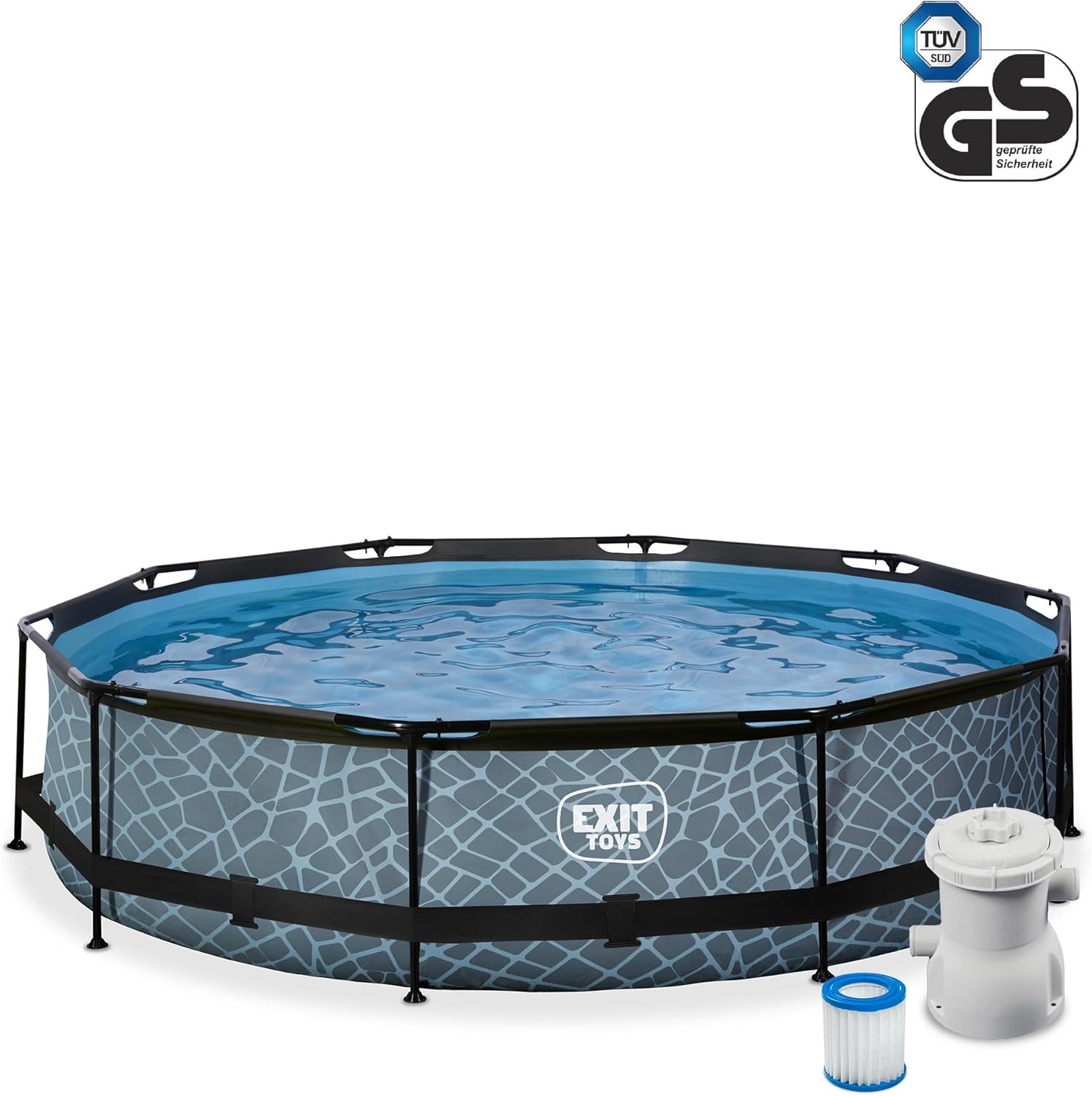 karaca-alisveris Piscine Tubulaire Stone - ø360x76cm - Piscine Hors Sol Ronde Grande avec Pompe Filtrante à Cartouche - Entrée Basse - Idéal pour Les Jeunes Enfants - Cadre Stable - Design Unique - Gris