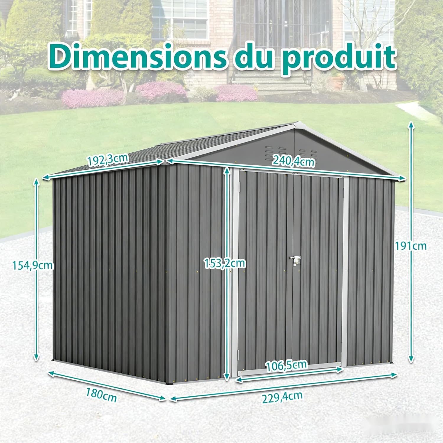 Abri de jardin en acier 229 x 180 x 191 cm, abri à outils avec porte rabattable, ventilation, résistant aux intempéries et verrouillable, anthracite, pour vélos