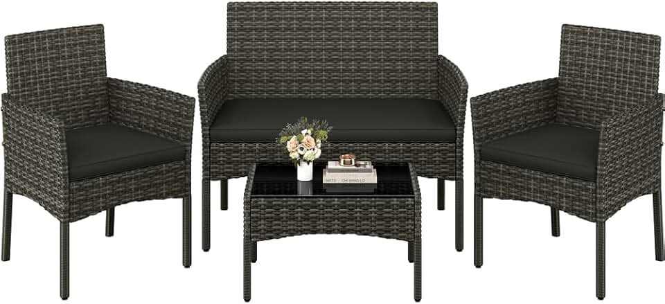 karaca-alisveris - Salon de Jardin 4 pièces - Polyrotin métal - Canapé 2 places, fauteuils, coussins, table basse