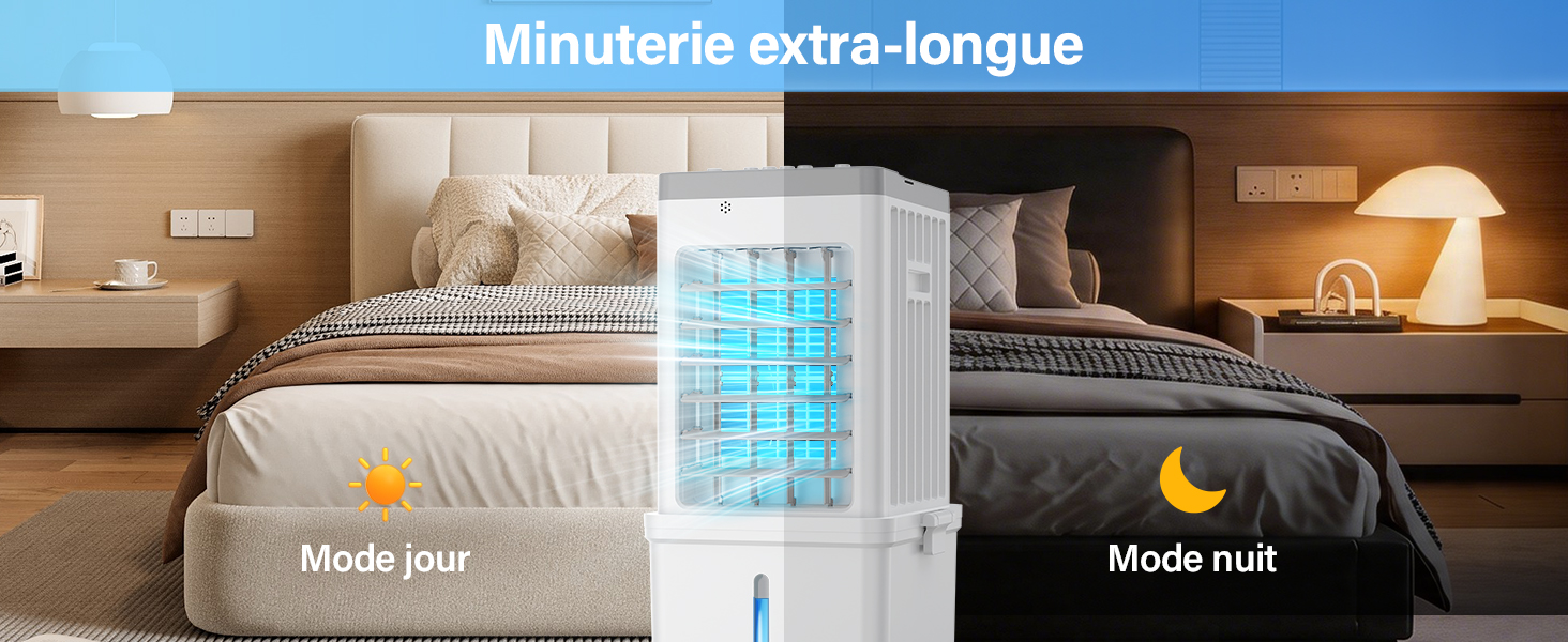 Le texte se lit comme suit : « Minueterie extra-longue », « Mode jour » et « Mode nuit ». Scènes intérieures divisées montrant les espaces de la chambre et de la salle de bain avec différents modes d'éclairage pour une fonctionnalité de minuterie très longue.