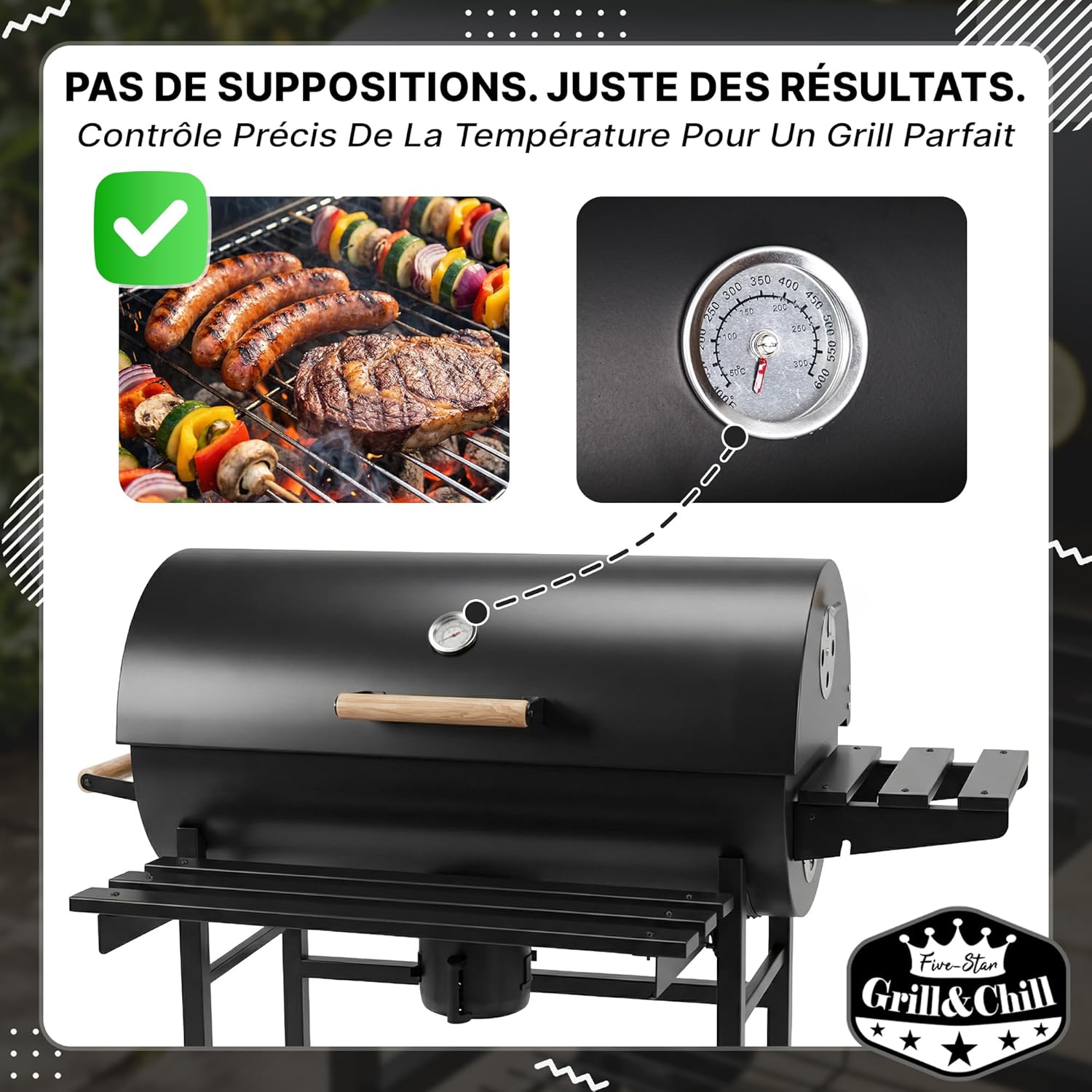 Five-Star – Grill & Chill série – 71×35 cm – barbecue charbon couvercle, thermomètre, cendrier, roues – GC0002