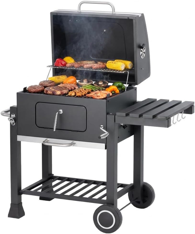 karaca-alisveris - Memphis - acier, grille, tablette pliable, roulettes, thermomètre, bac à cendres
