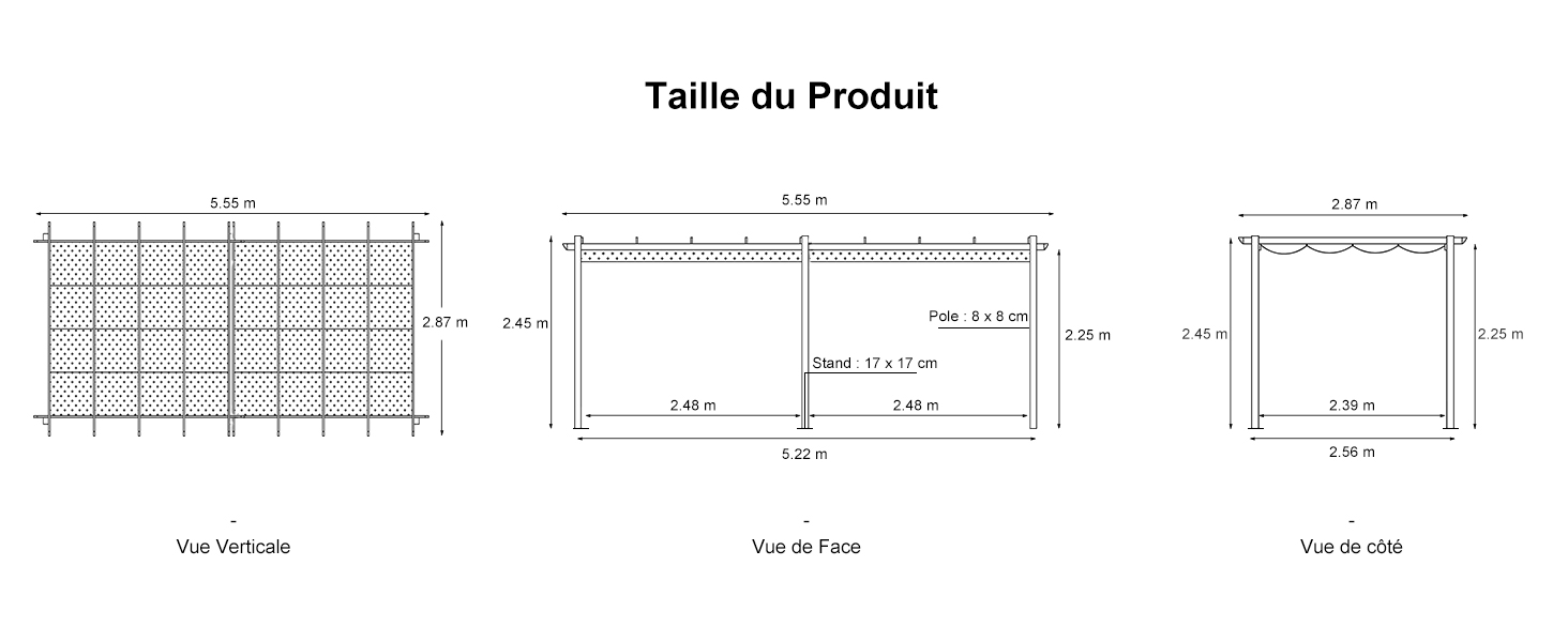 Schémas techniques montrant les dimensions d'un produit avec trois vues : face, côté et table. Les mesures sont fournies en centimètres pour les différentes sections de la structure.
