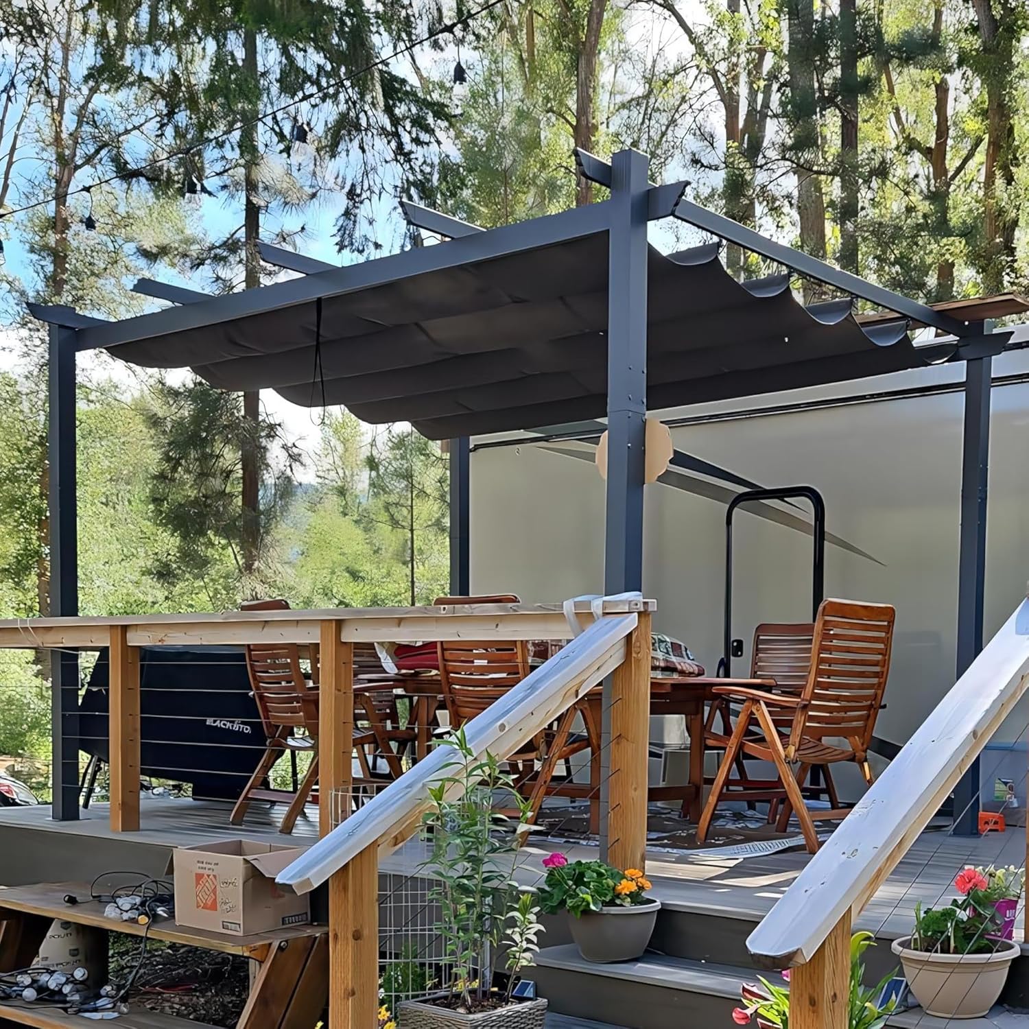 karaca-alisveris - pergola aluminium - 4x3m - toit coulissant, tissu teint