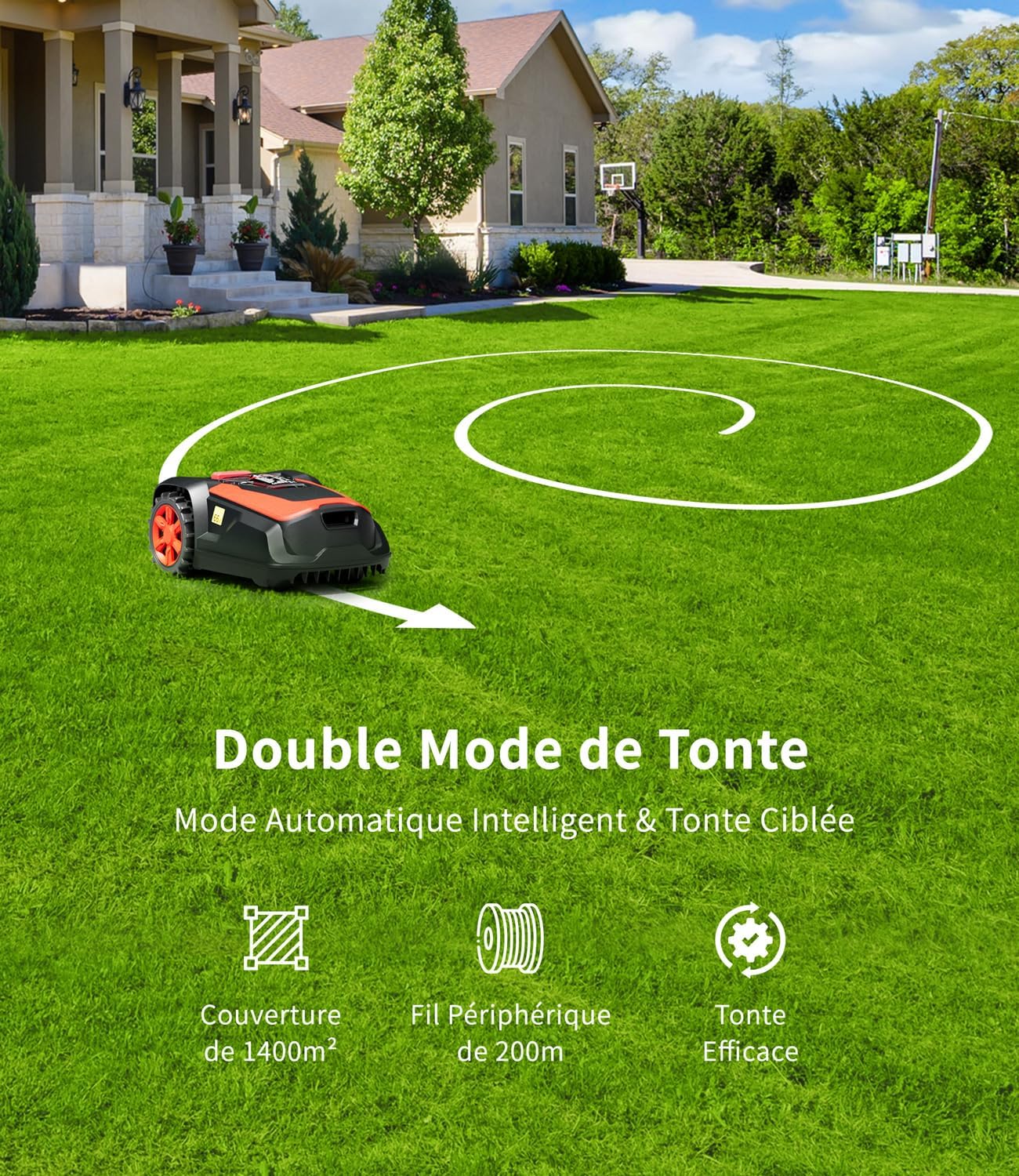 Robot Tondeuse - 1400m², pente 47%, coupe 25-65mm, app, pluie