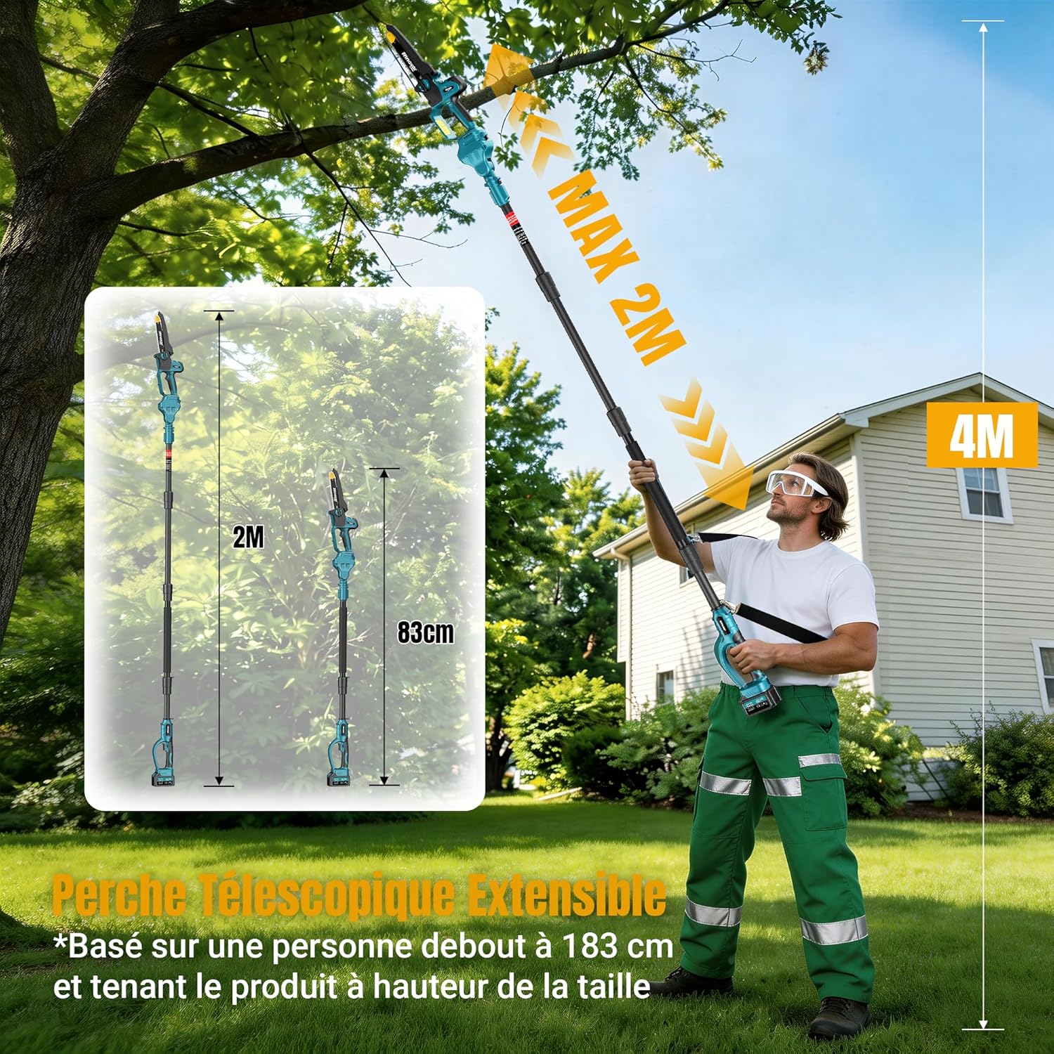 Élagueuse sur perche - 8 pouces - batterie 2x4000mAh, télescopique, lubrification auto