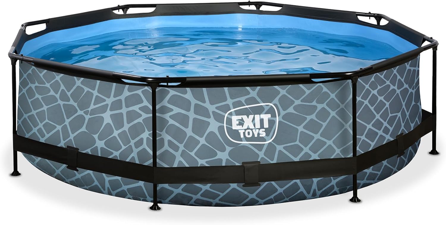 karaca-alisveris Piscine Tubulaire Stone - ø300x76cm - Piscine Hors Sol Ronde avec Pompe Filtrante à Cartouche - Entrée Basse - Idéal pour Les Jeunes Enfants - Cadre Stable - Design Unique - Gris