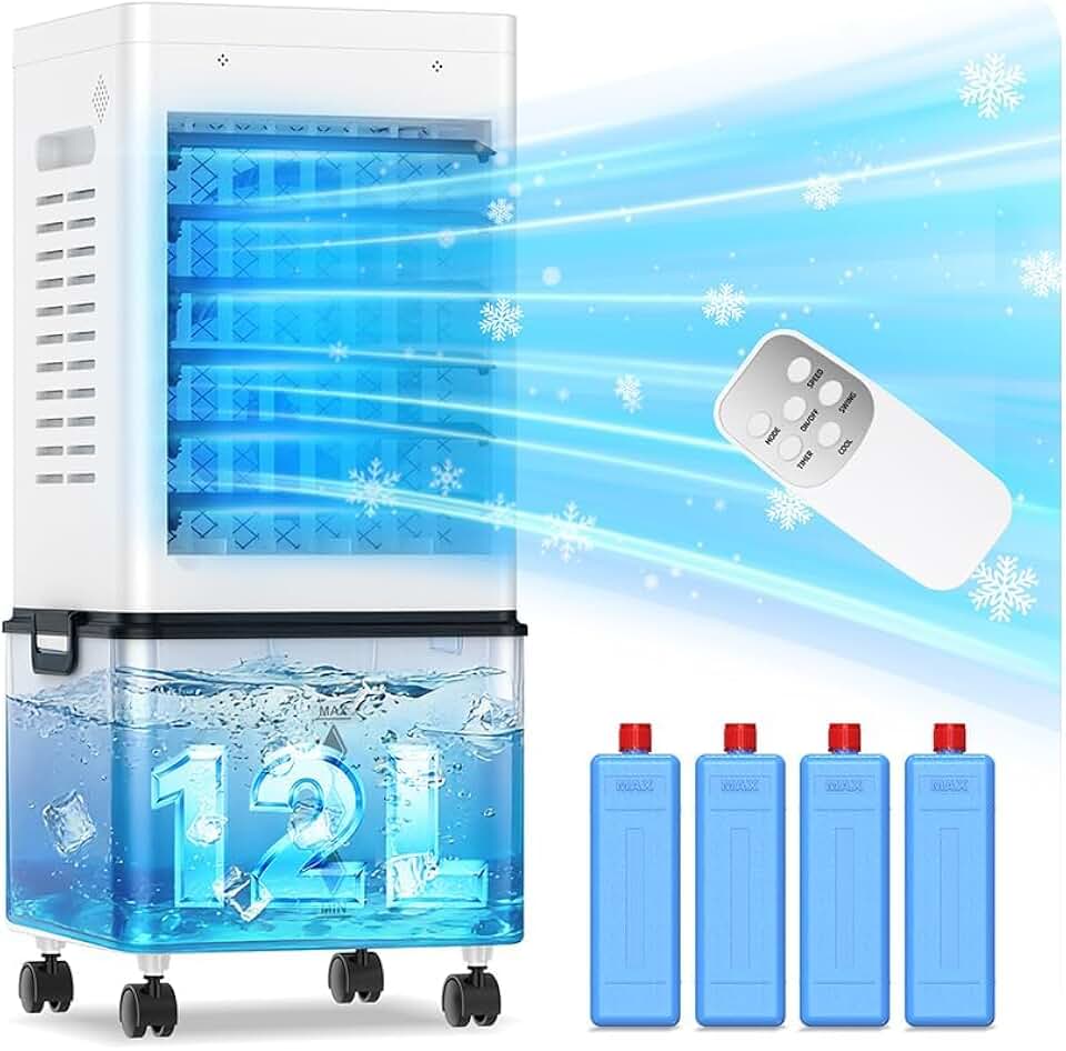 Climatiseur mobile 12L, 45W, 3 modes, minuterie, 6 vitesses, 60°/120°, 4 blocs glace