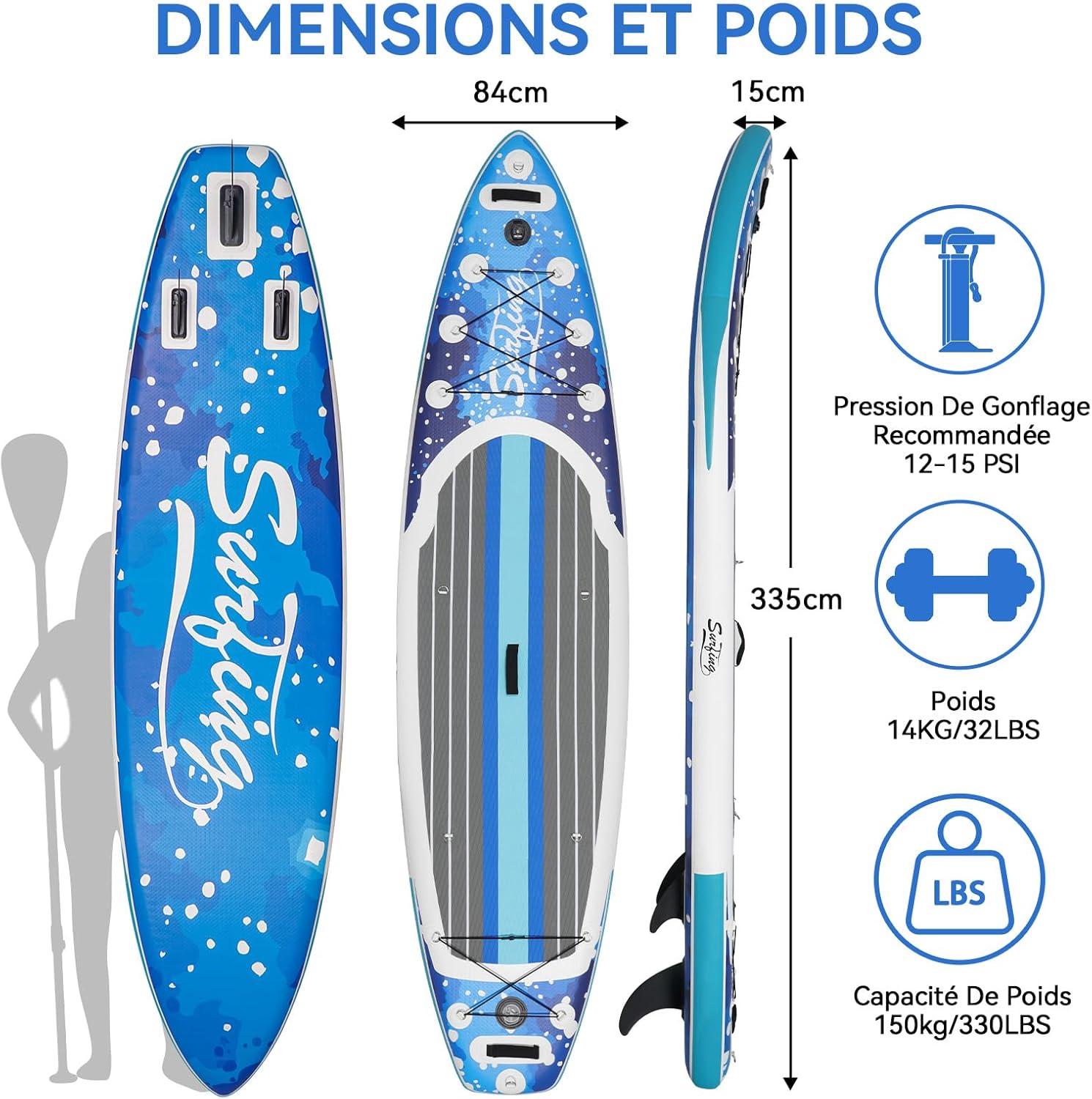 karaca-alisveris - Paddle gonflable 320/335cm - 2 personnes, siège kayak, jusqu'à 150kg