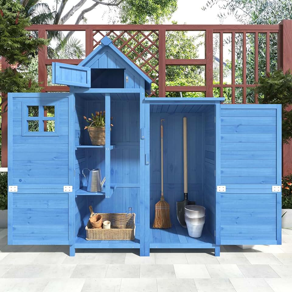 karaca-alisveris - abri de jardin bois 118x54x173cm, 2 portes, toit PVC, bleu