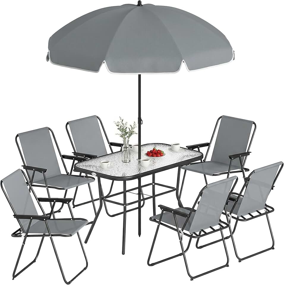 karaca-alisveris - salon de jardin 8 pièces, table verre trempé, acier antirouille, chaises pliantes, parasol, Gris