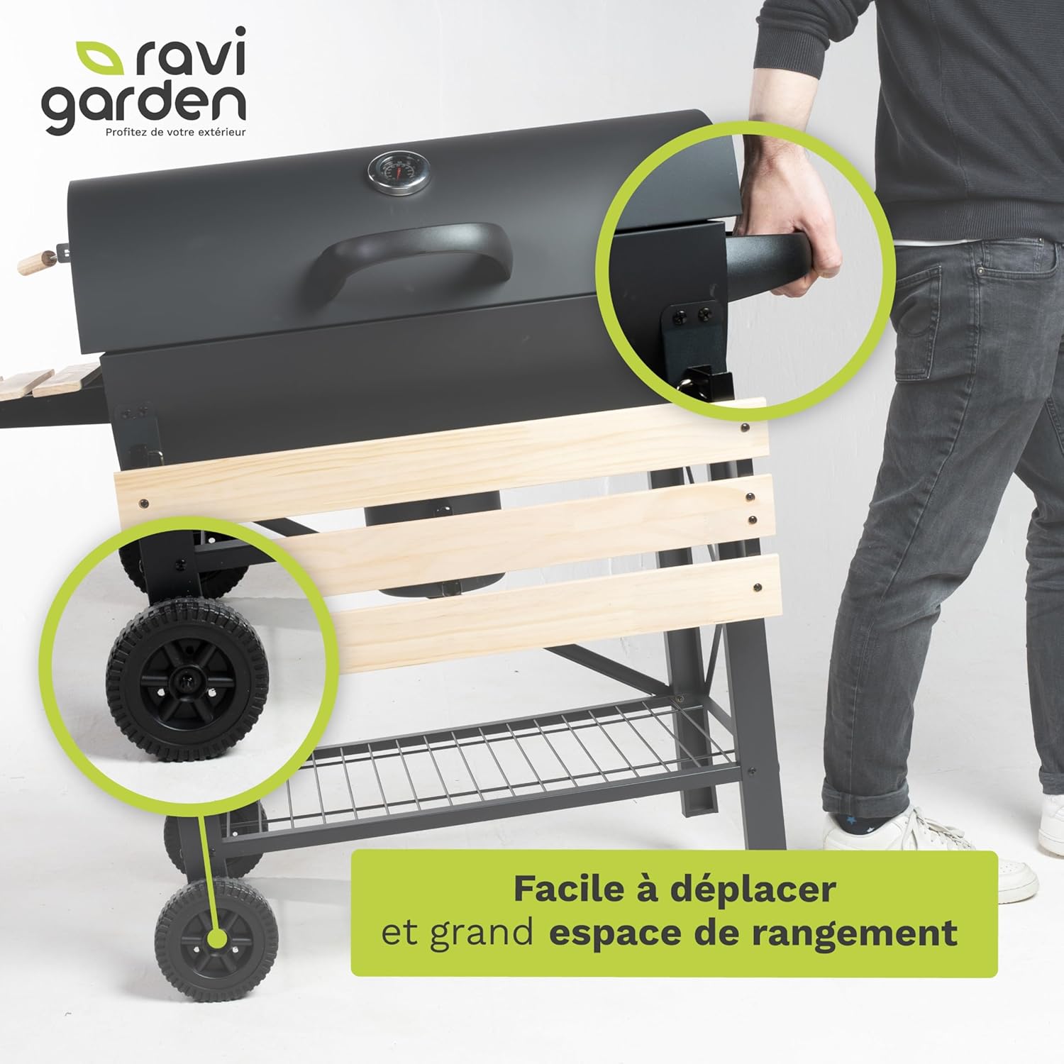 Barbecue charbon de bois XXL - 71x38 cm - couvercle, 2 tablettes, récupérateur de cendres