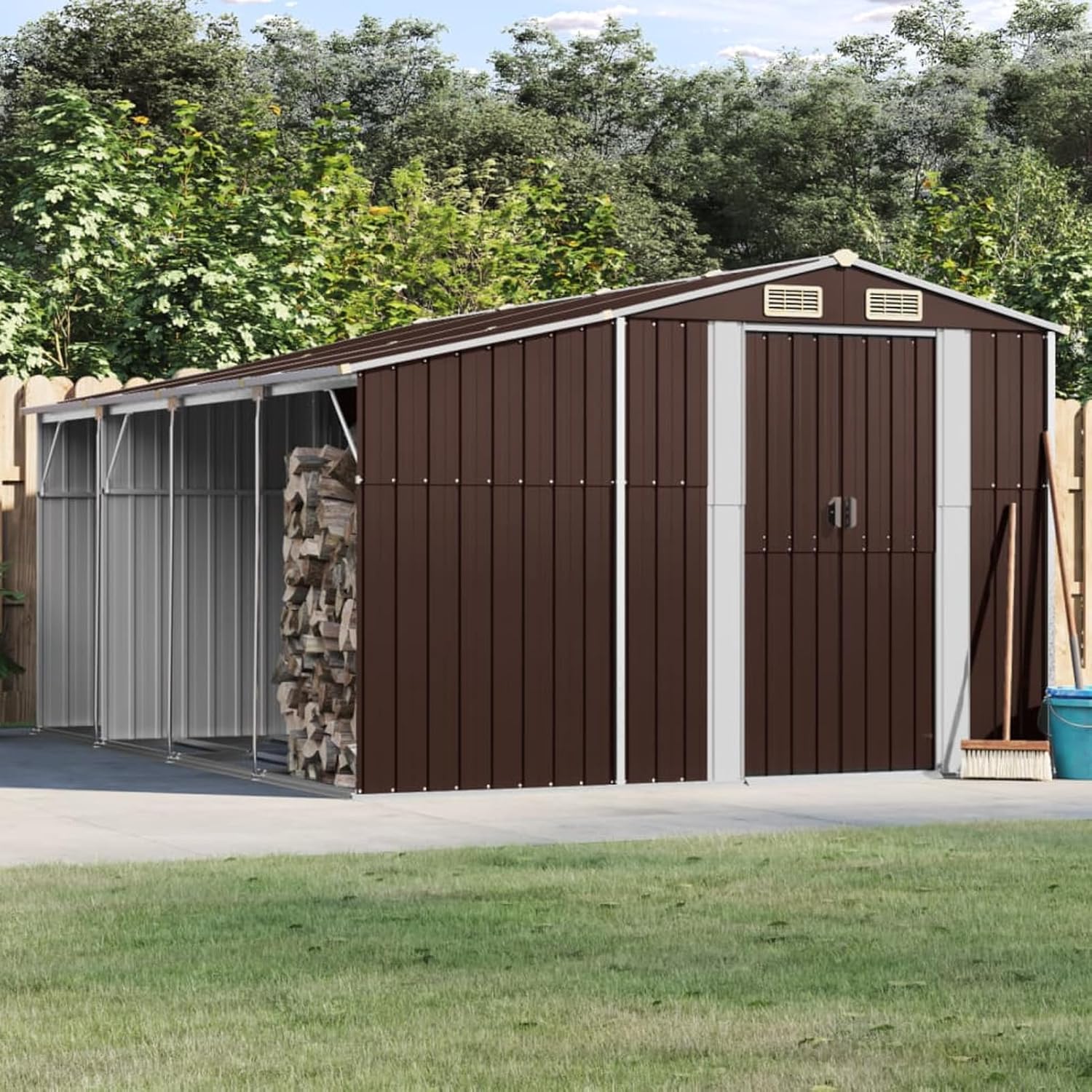 Abri de jardin en acier galvanisé pour outils, bûches et bunker à charbon – Toit incliné durable pour l'extérieur – 277 x 365,5 x 179 cm – Marron