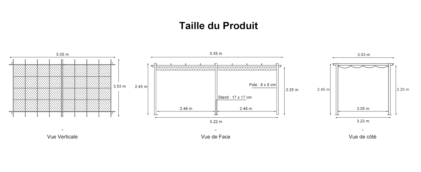 Schéma technique montrant les dimensions d'une structure rectangulaire. Les mesures en centimètres pour la longueur, la largeur et la hauteur sont fournies.
