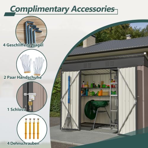 Abri de jardin en métal 229x111 cm – Marron, résistant aux intempéries avec cadre de fondation et porte verrouillable, pour vélos et outils, remise 8x4 pi