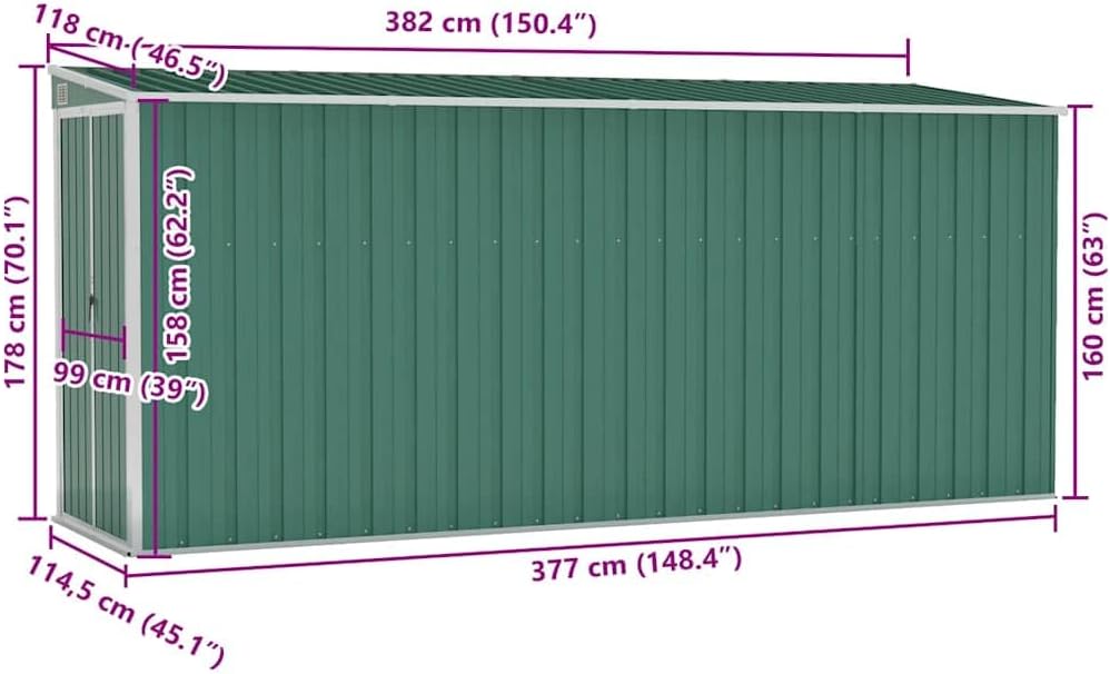 Abri de jardin mural vert - 118x382x178 cm - acier galvanisé, 47.9kg
