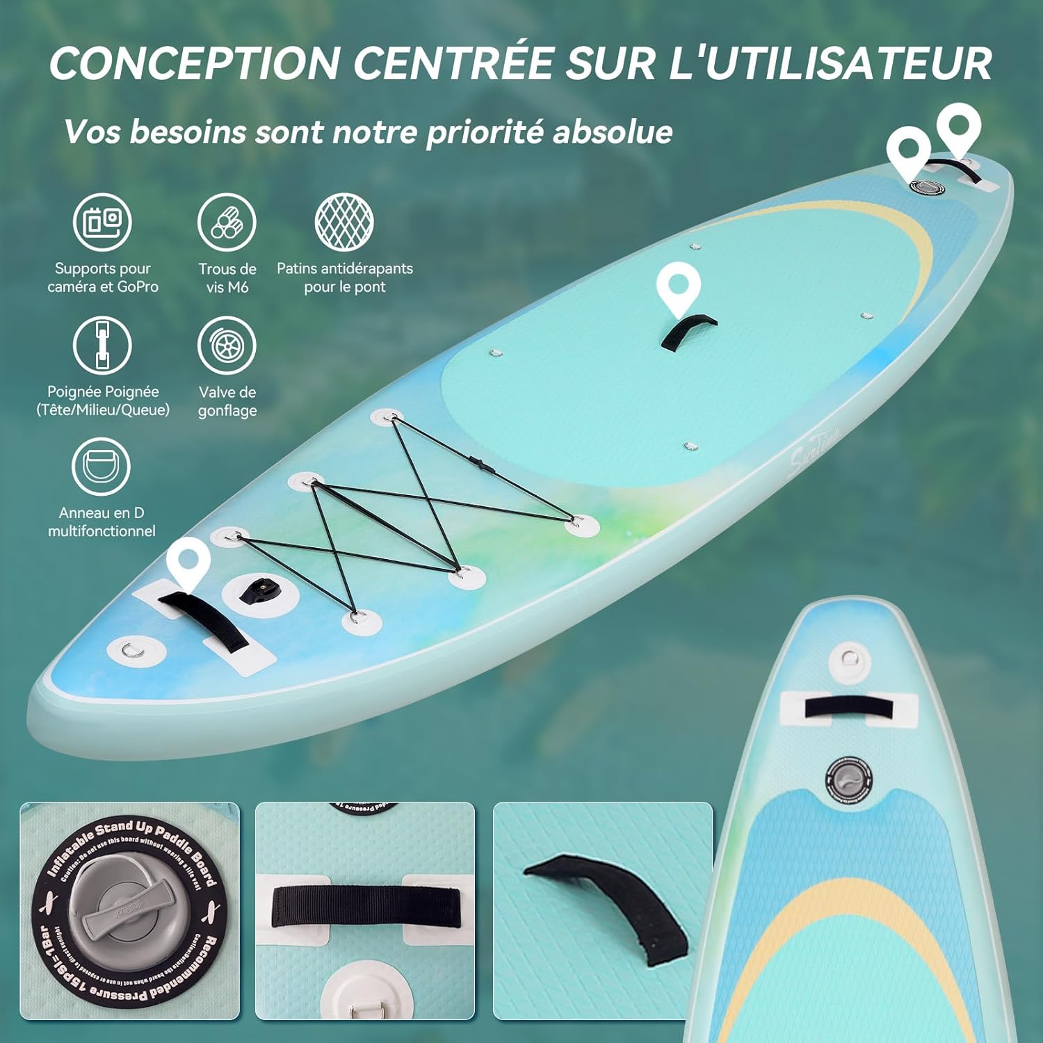 karaca-alisveris - paddle gonflable adulte - 320/335cm - 2 places, siège kayak, pagaie alu, support caméra, pompe, 150 kg