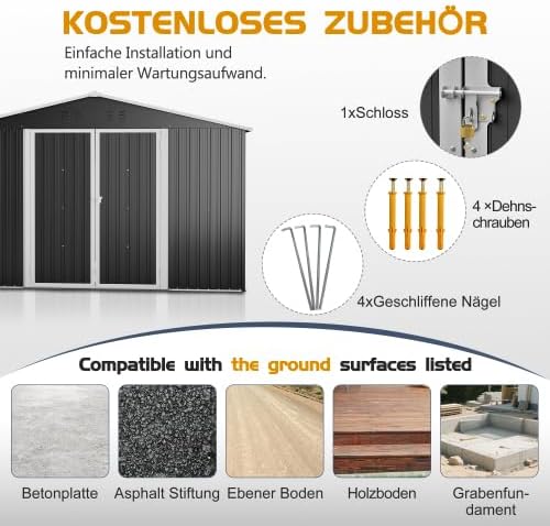 Abri de jardin en métal 300 x 252 x 191 cm Anthracite XXL avec toit à pignon, résistant aux intempéries et à la rouille, garage à vélo, armoire de jardin et stockage de poubelles