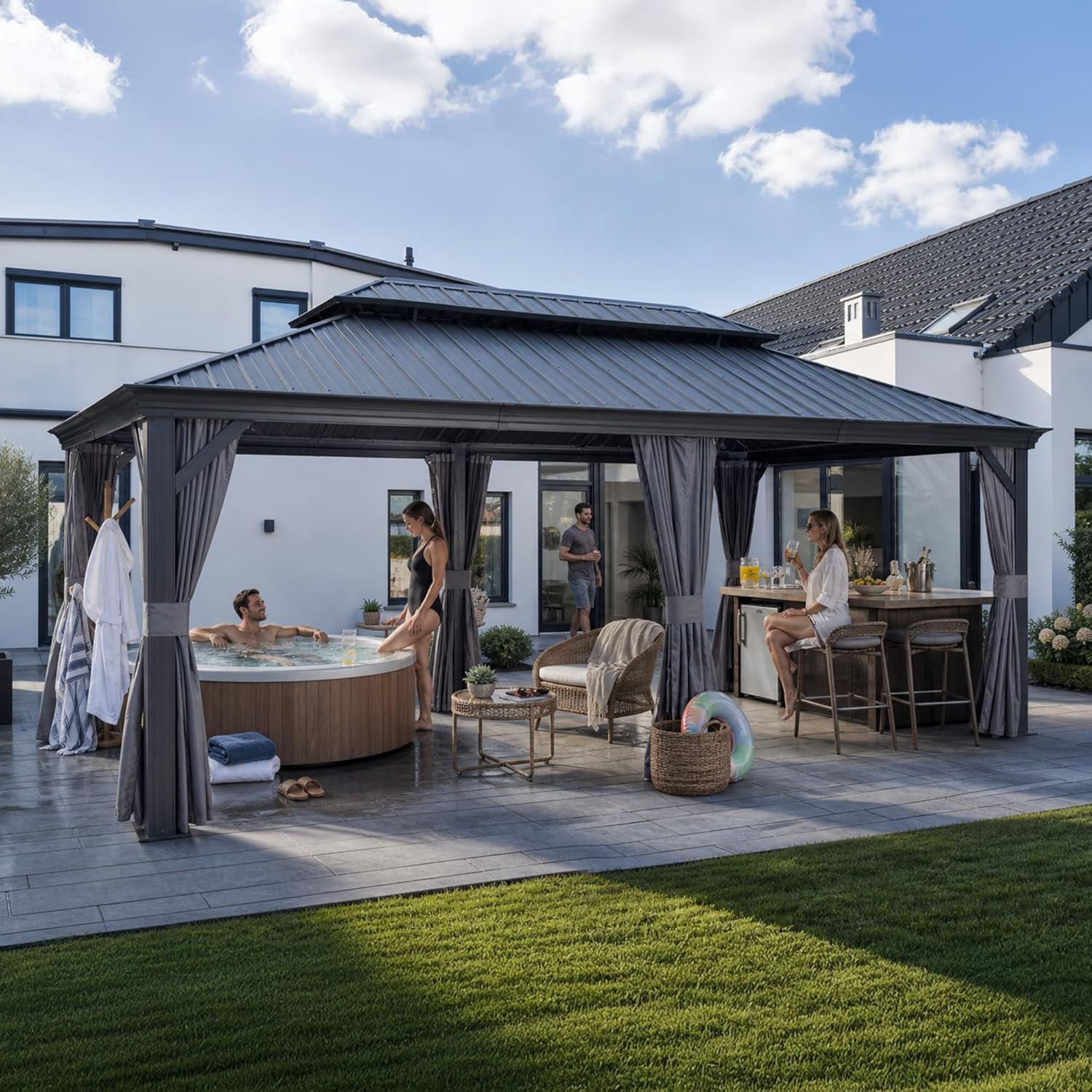 karaca-alisveris - Pergola double toit acier - 6x3,65m - moustiquaire, rideaux, gouttière, poteaux renforcés
