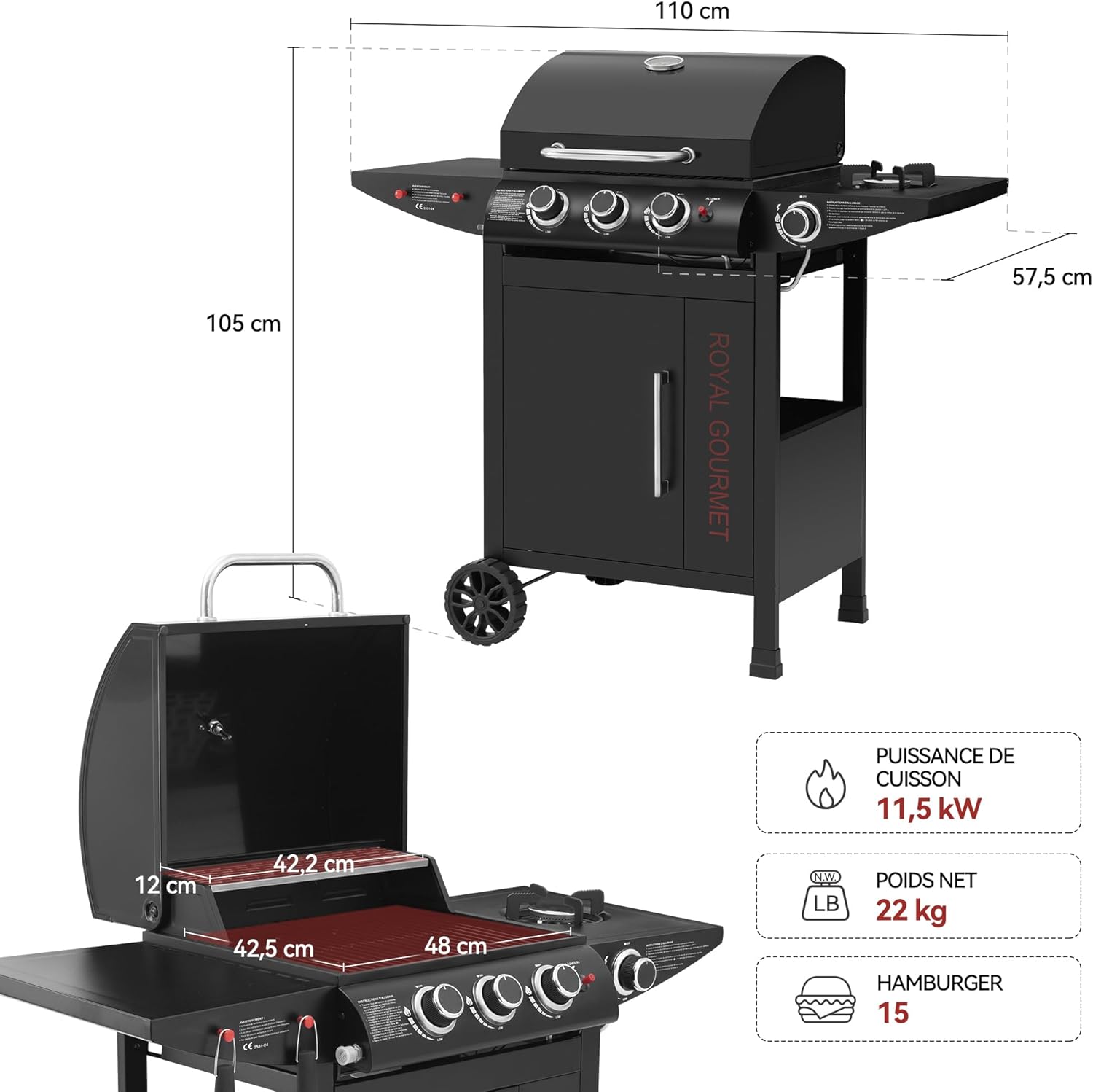 karaca-alisveris - barbecue gaz 3+1 brûleurs inox - 11,5 kW - chariot, 2 roues, thermomètre