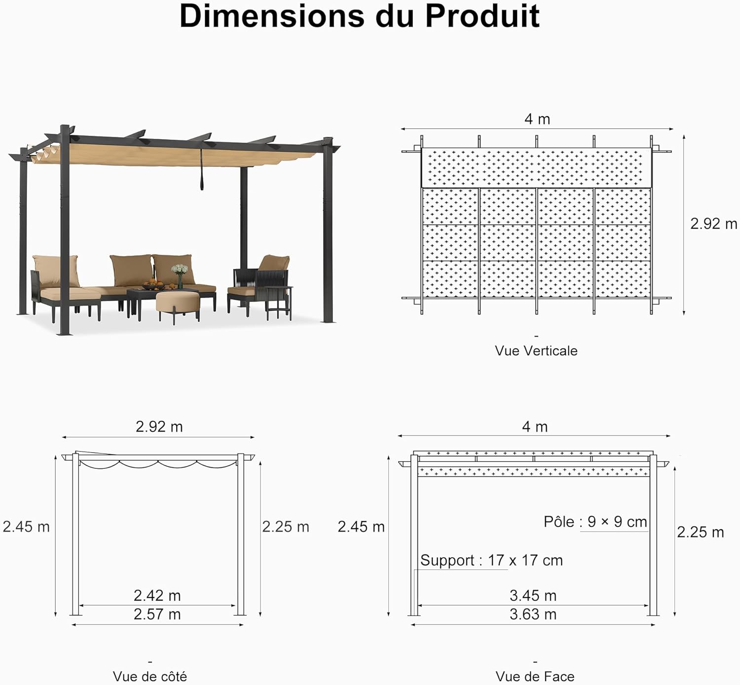 karaca-alisveris - Pergola aluminium 4x3m, toit rétractable, éclairage intégré