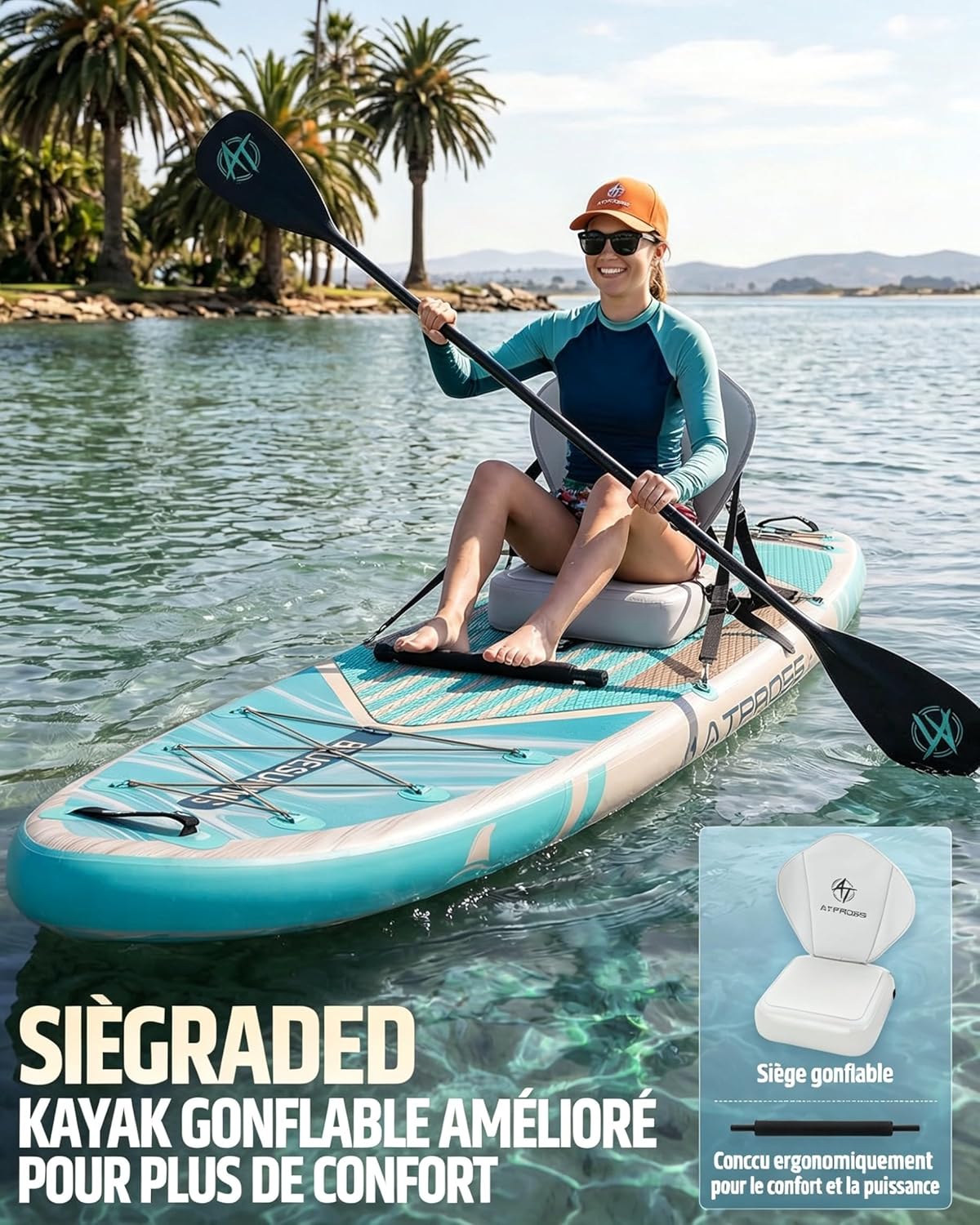 Planche de Paddle Gonflable Adulte avec Siège Kayak & Accessoires, 366x92cm Sup Extra Large & Stable, Charge 240kg, Kayak Gonflable 2 Places pour Yoga, Pêche et Surf