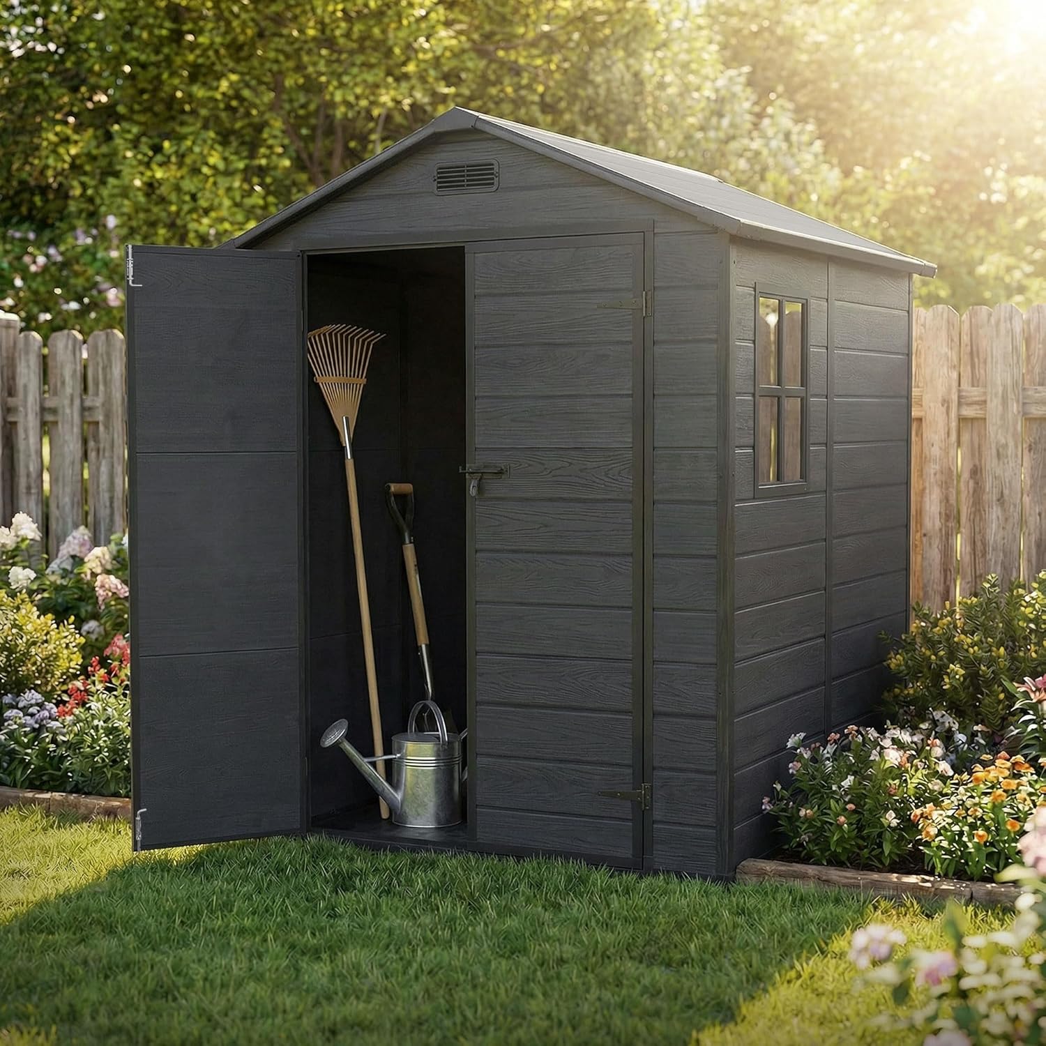 karaca-alisveris - Abri de jardin résine 151x182x220 cm double porte, 5m³, fenêtre, ventilation