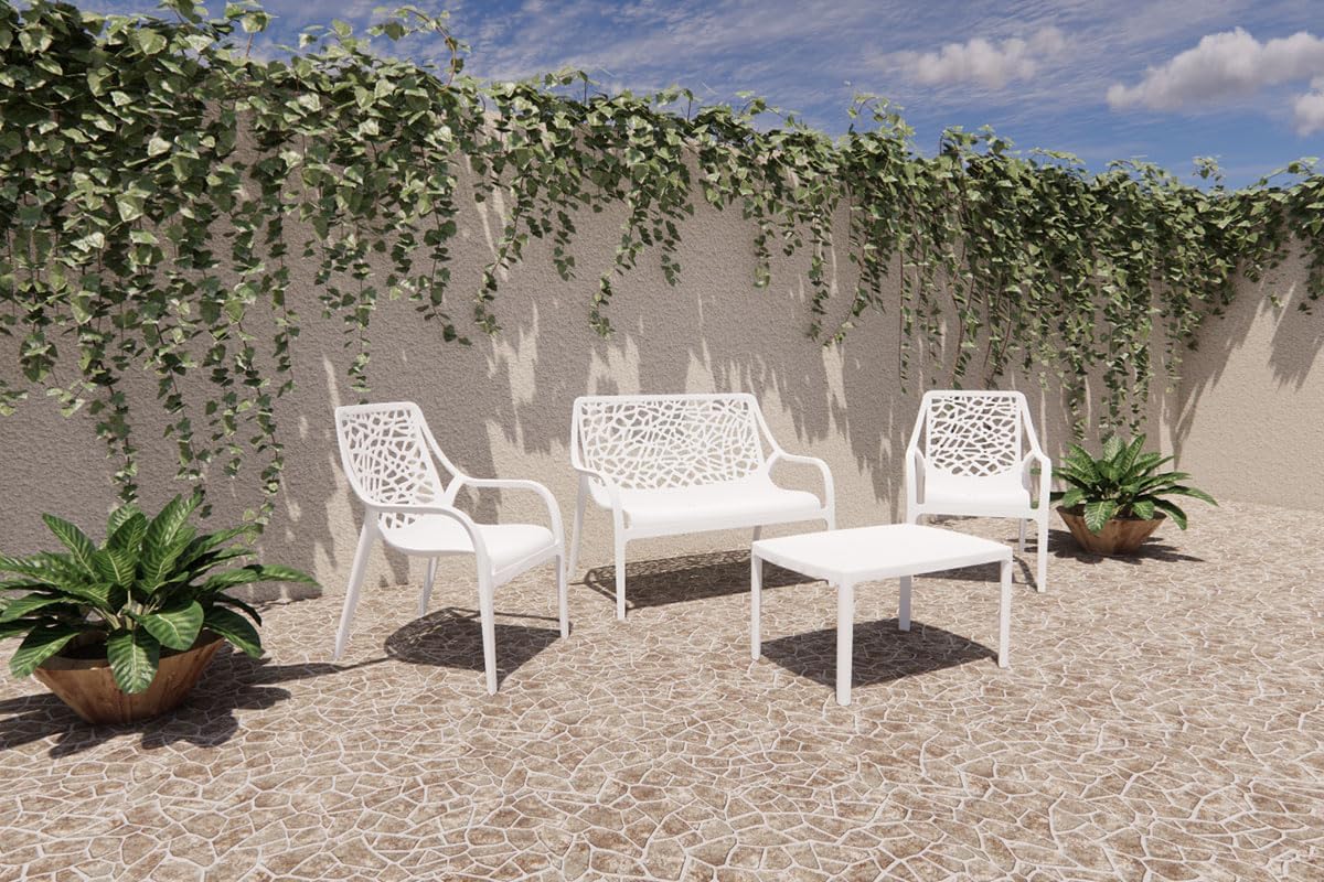 Salon de jardin - Maratea - 4 places - polypropylène fibre verre, empilable, imperméable, design moderne, blanc