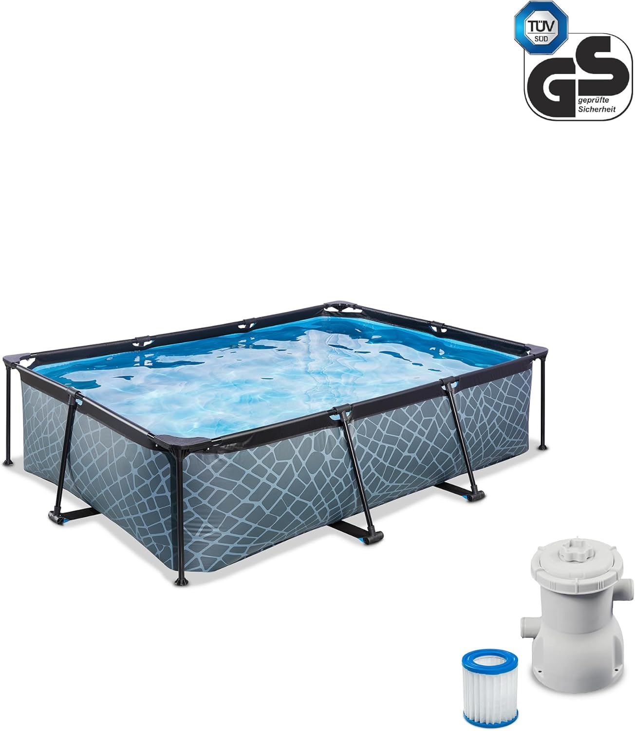 karaca-alisveris Piscine Tubulaire Stone - 220x150x65cm - Piscine Hors Sol Rectangulaire avec Pompe Filtrante à Cartouche - Entrée Basse - Idéal pour Les Jeunes Enfants - Cadre Stable - Design Unique - Gris