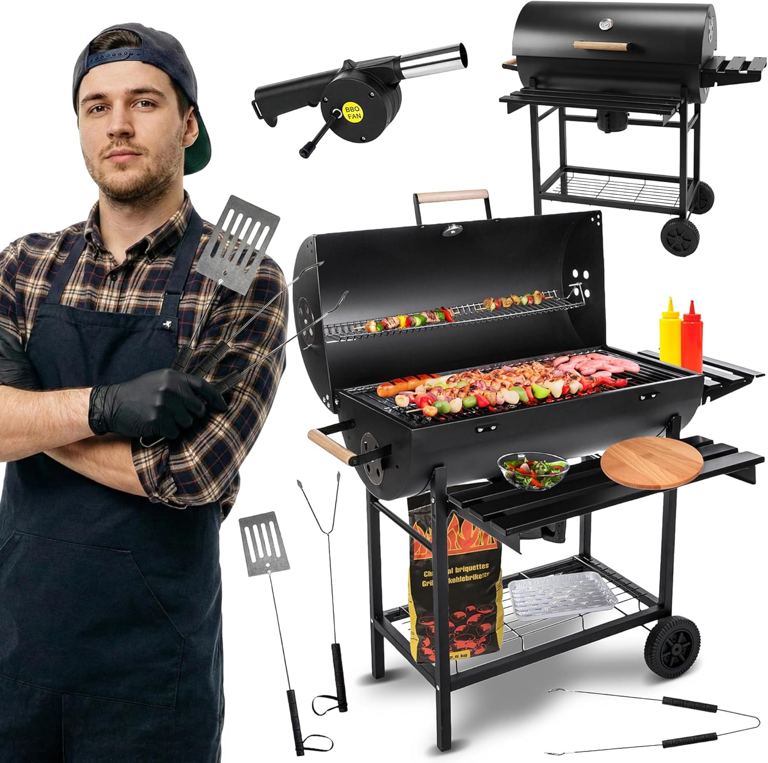 Five-Star – Grill & Chill série – 71×35 cm – barbecue charbon couvercle, thermomètre, cendrier, roues – GC0002