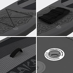 à motif tribal, avec rangement par cordon élastique, serviette pliée, coussin de terrasse texturé et poignée de transport. Logo circulaire visible sur la surface du panneau.
