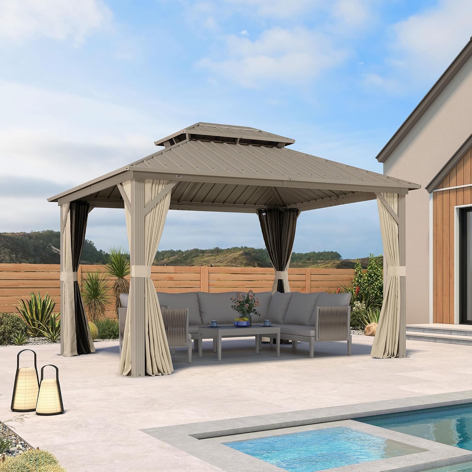 karaca-alisveris - pergola aluminium - 3,65x3m - double toit, moustiquaire, rideaux