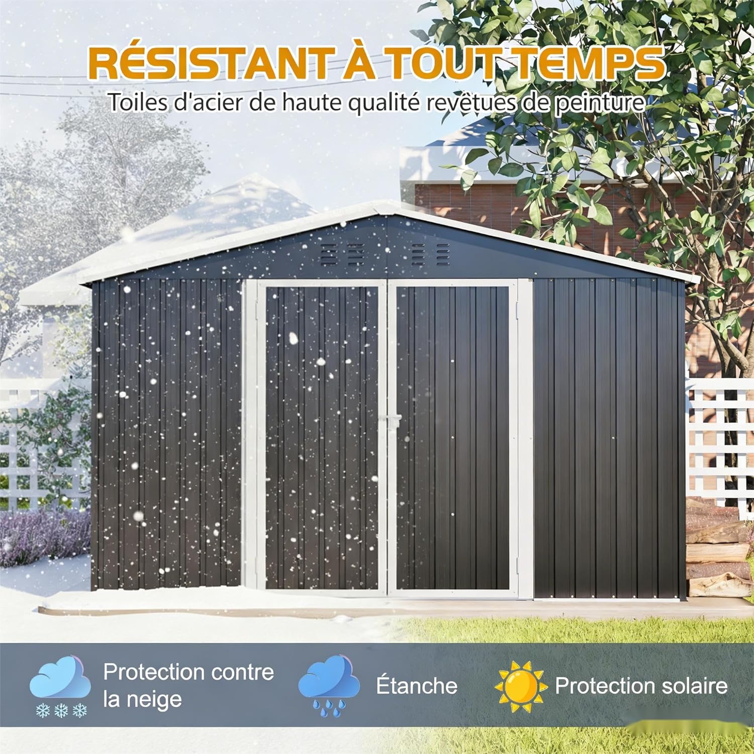 Abri de jardin - métal noir à pignon 300x252x191 cm, 2 portes coulissantes, usage vélos/motos, XXXL