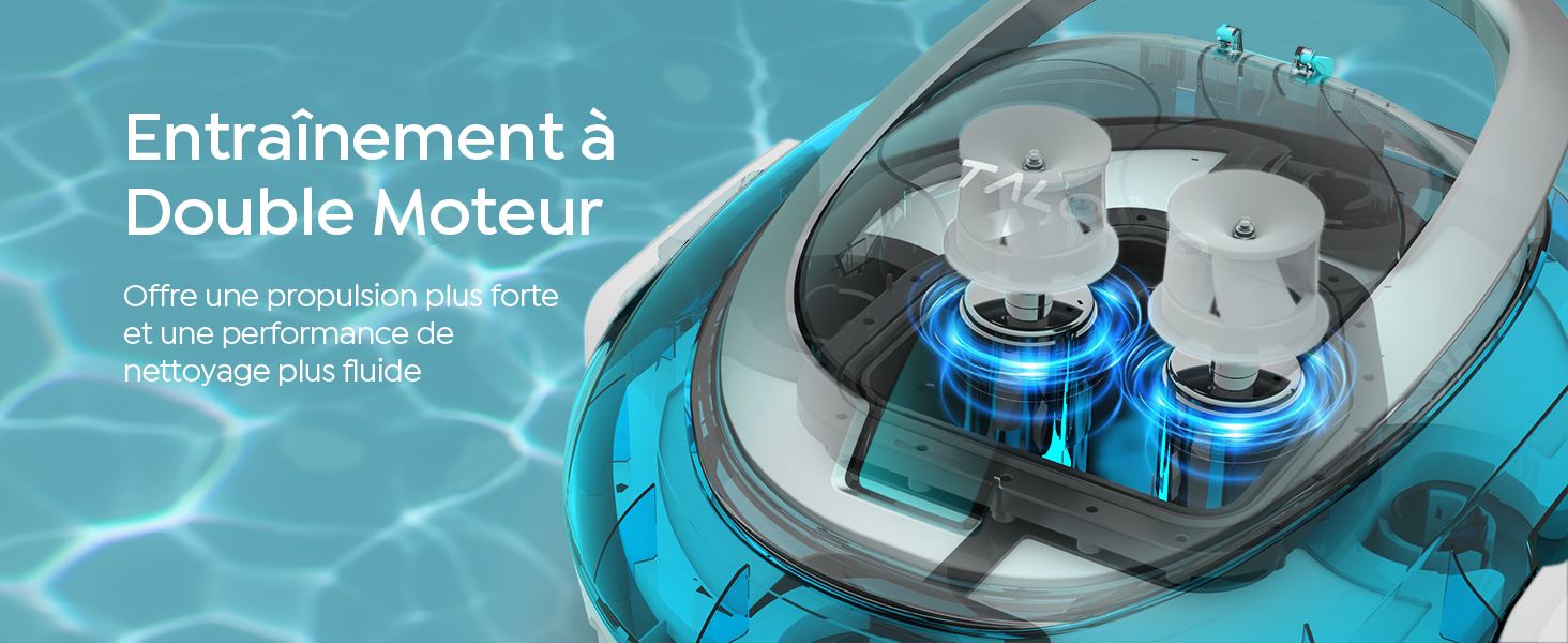 Texte : « Double moteur », « Entrainement à ». Les composants mécaniques ou du moteur teintés en bleu sont présentés en détail.