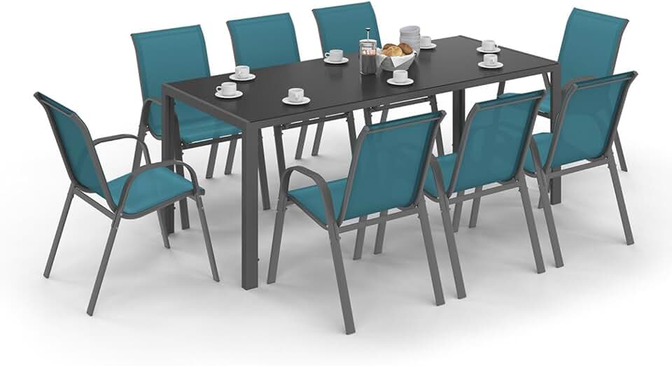 karaca-alisveris - Madrid salon jardin 190cm, 8 chaises empilables bleu