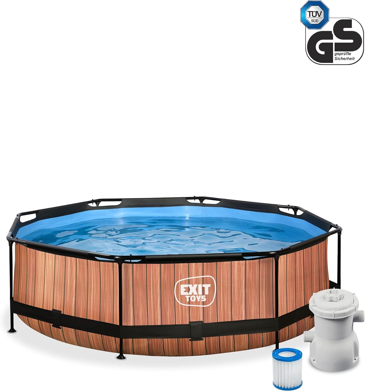 karaca-alisveris Piscine Tubulaire Wood - ø300x76cm - Piscine Hors Sol Ronde avec Pompe Filtrante à Cartouche - Entrée Basse - Idéal pour Les Jeunes Enfants - Cadre Stable - Design Unique - Marron