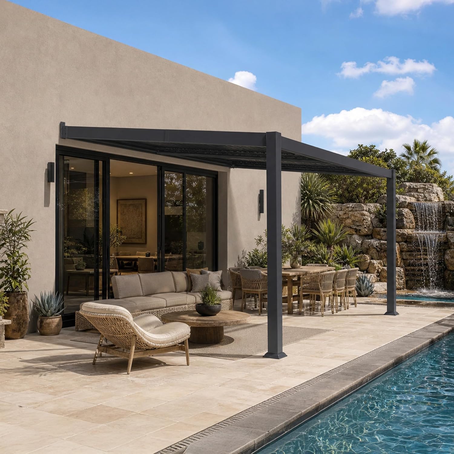 karaca-alisveris - Pergola bioclimatique adossée - 3x4,25m - aluminium, lames orientables, résistante UV et pluie