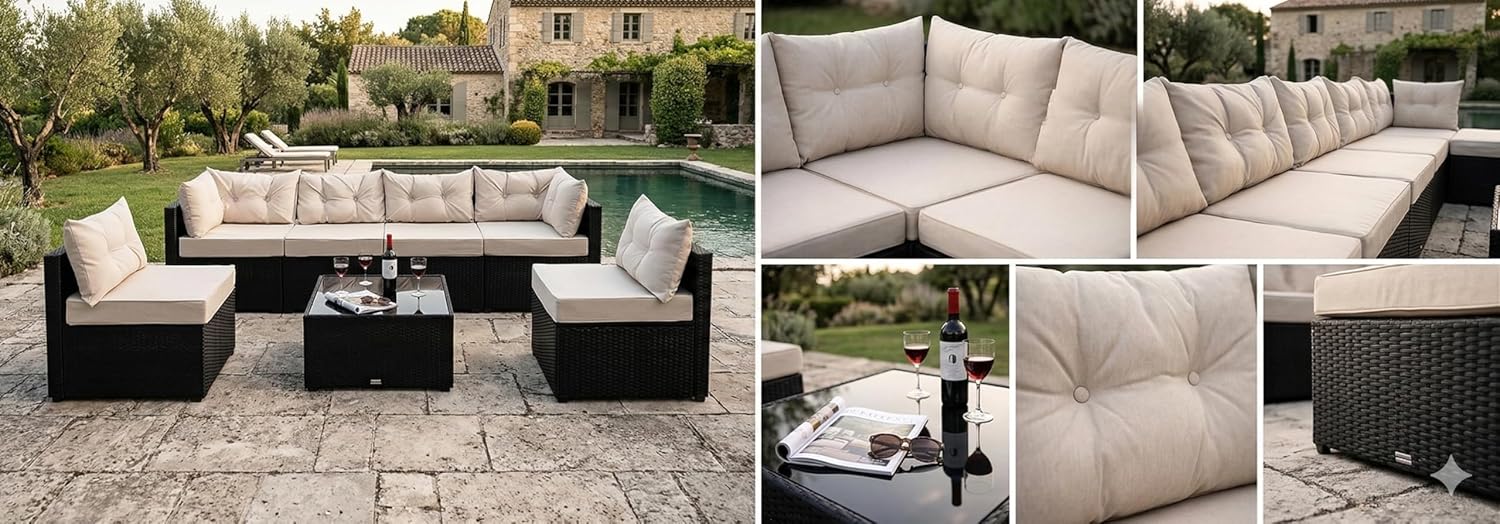 karaca-alisveris - NACULA - Salon de jardin 5 places, résine tressée, coussins beige, table basse verre, extérieur
