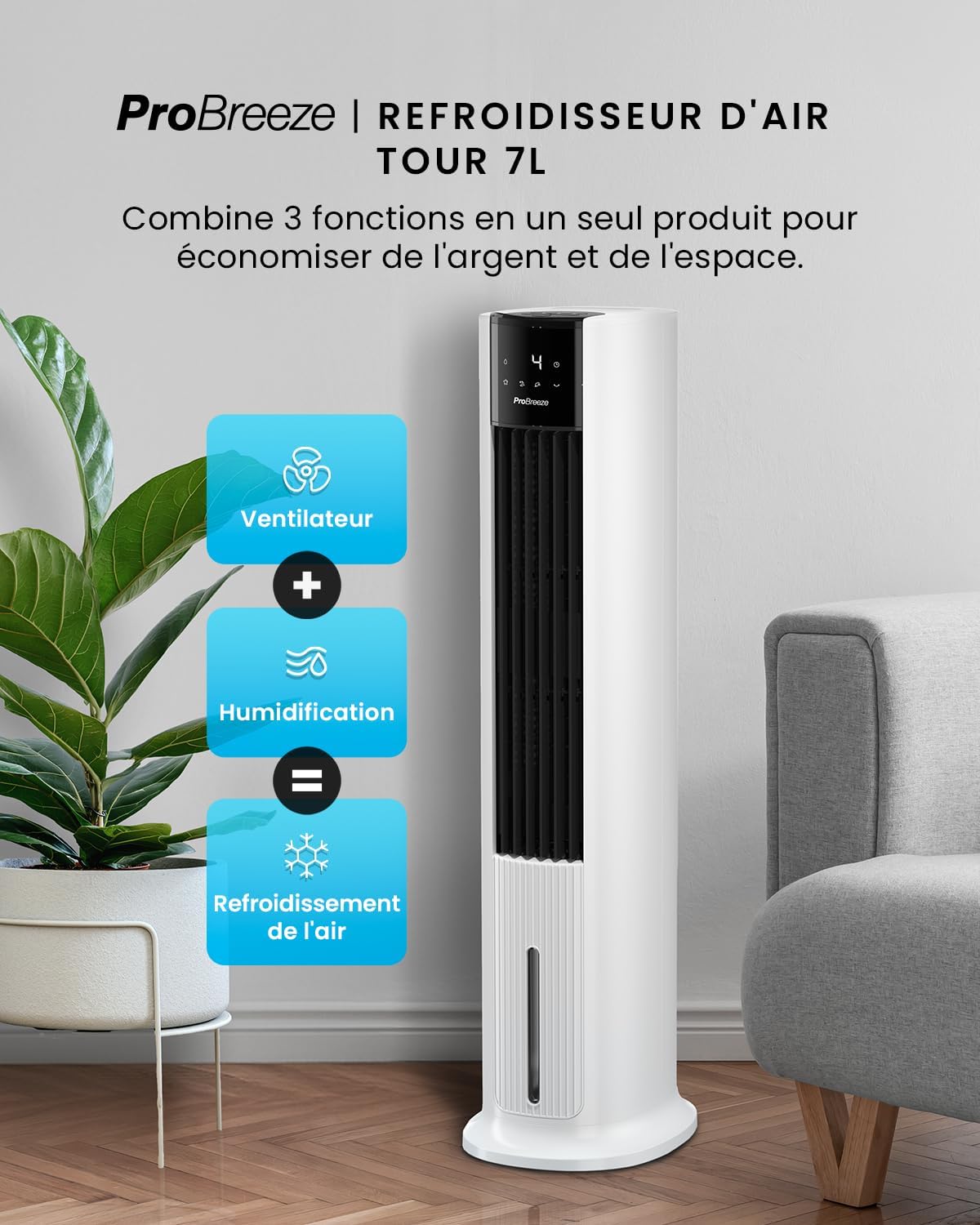 karaca-alisveris OmniAir Rafraichisseur d’Air 7L 3en1, 7 Vitesses, 3 Modes, Oscillant, Minuterie 10h, Climatiseur Mobile Sans Évacuation, Silencieux, Sans Conduit, Ventilateur Refroidisseur d'Air