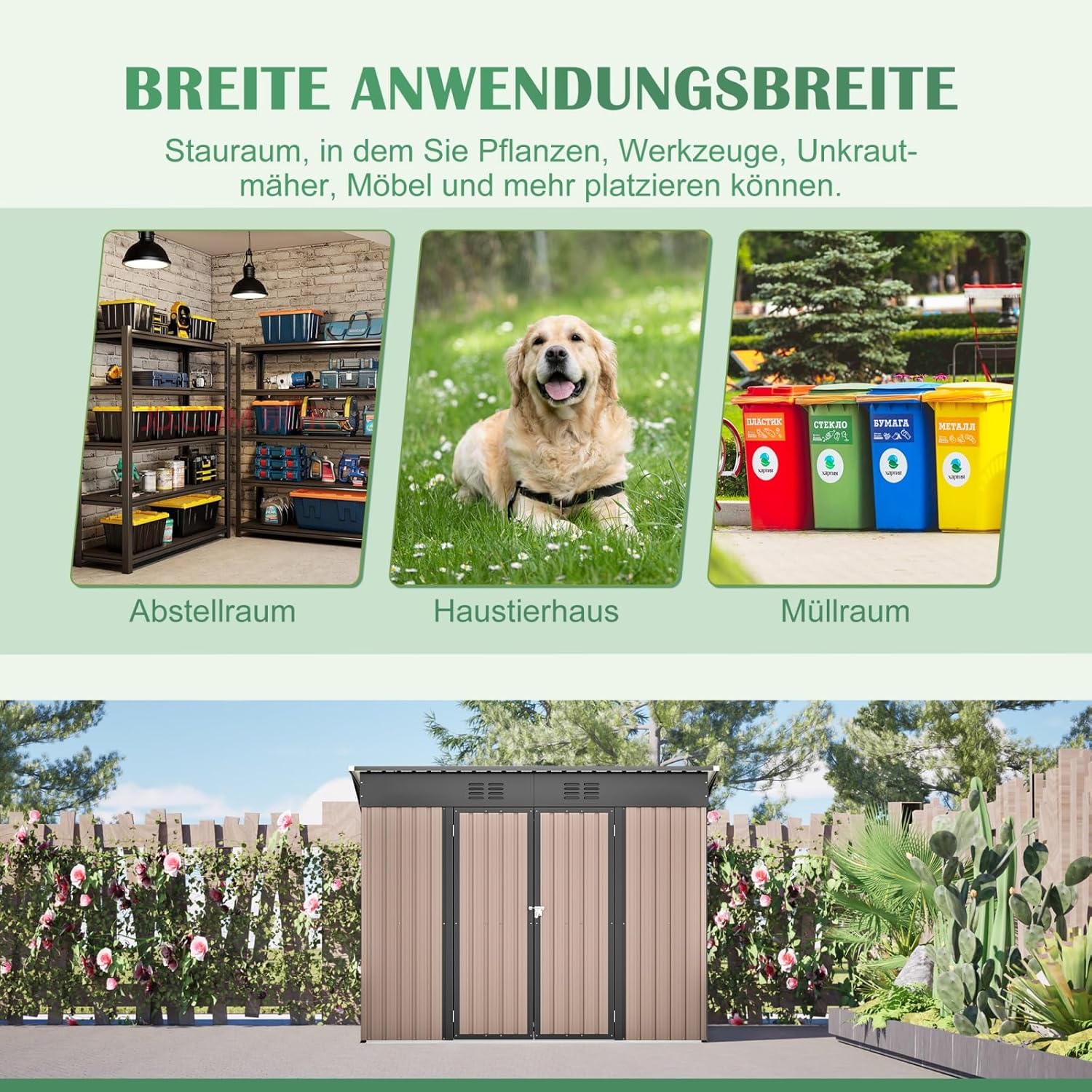 Abri de Jardin Métal - 8x4 FT - fondation incluse, toit incliné, résistant intempéries, marron